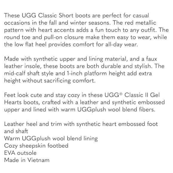 UGG Big Girl/Women’s Classic ll Gel Heart Boots Metallic Hearts Size 5 - Picture 10 of 11